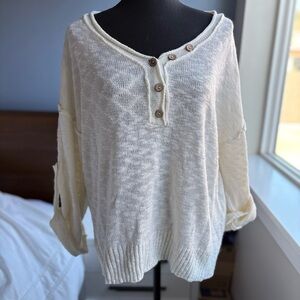 Miracle USA Textured Knit Henley-Style Pullover V-Neck Sweater w Buttons - Cream